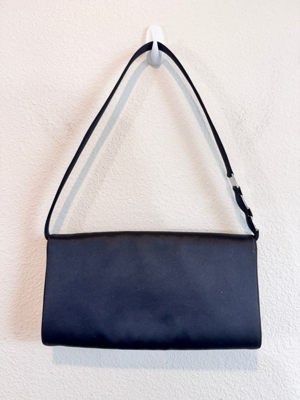 Y2K Minimalist Shoulder Bag Black Satin Rhinestone Strap Baguette Nordstrom C13 - Picture 6 of 9